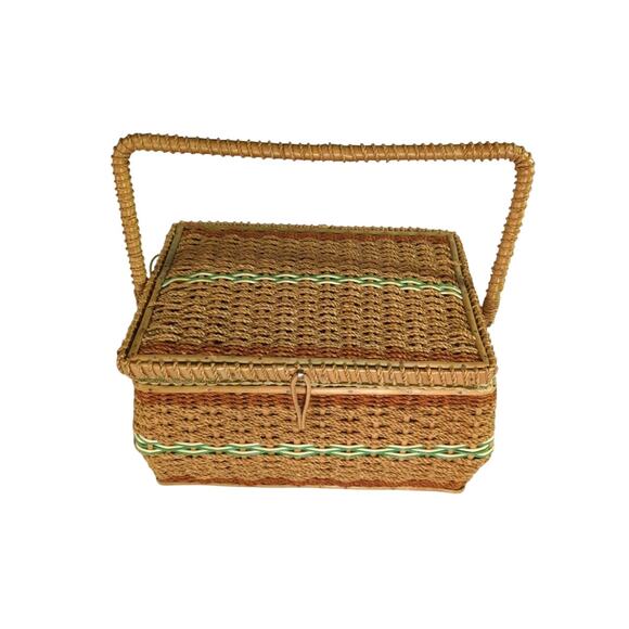 Vintage Woven Sewing Basket with Insert Seafoam Green Satin Lining - Picture 2 of 16